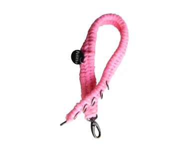 Petitto pink handmade cotton dog collar worn by a Golden Retriever indoors
